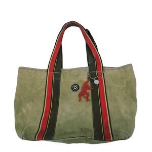 Y2K Kipling Conor Military Green Canvas Large Tote Bag Double Handle & bag charm